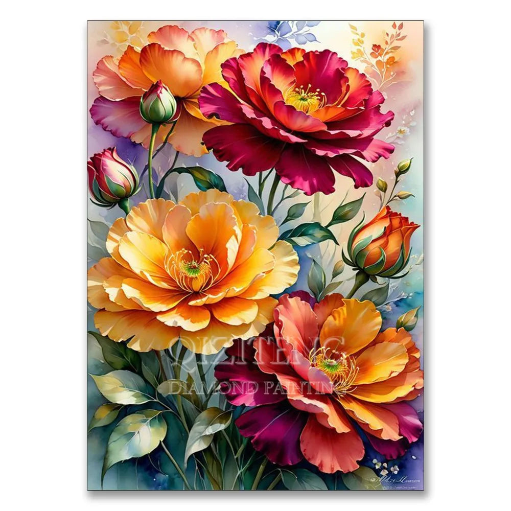 A vibrant floral arrangement featuring orange, yellow, and deep pink roses and greenery for a diamond painting kit.
