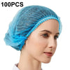 A close-up of a light blue disposable non-woven bouffant cap with an elastic band shown on a model's head.