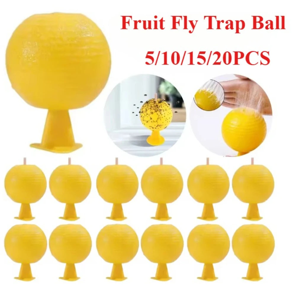 A set of yellow fruit fly trap balls for indoor and outdoor pest control.