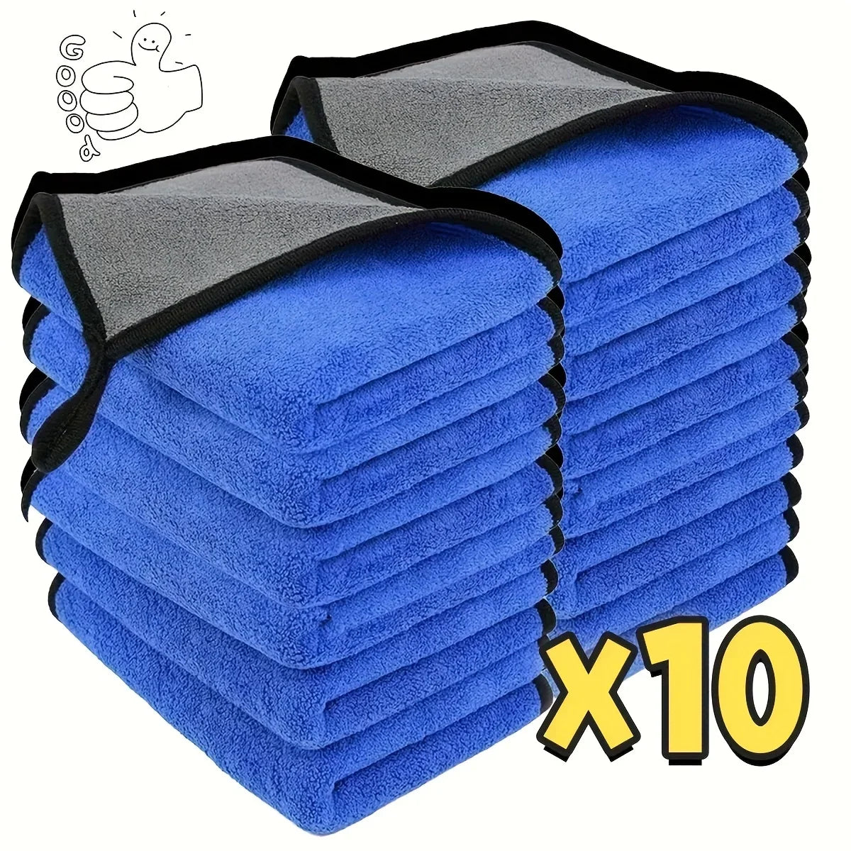 Eine Stapel von zehn blauen Mikrofaser-Auto-Waschlappen mit schwarzen Netzoberflächen.