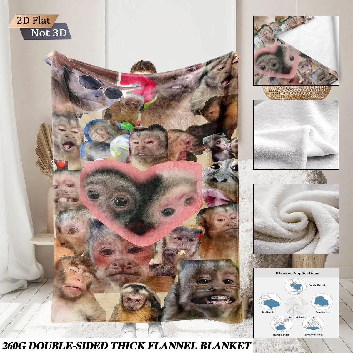 Funny Monkey Print Flannel Blanket – Soft & Cozy Throw