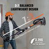 A man holds an orange and black brushless drywall sander against a vertical measurement scale, demonstrating its lightweight 