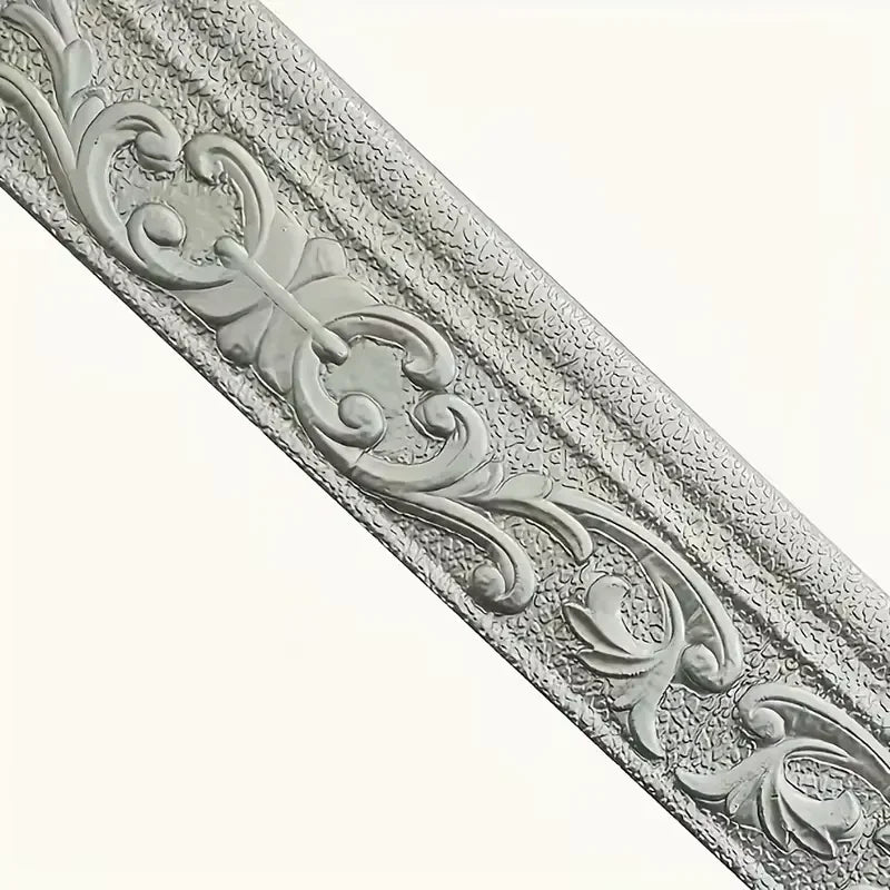 Silver 3D foam wall trim border sticker featuring an ornate scroll pattern for skirting line decor.