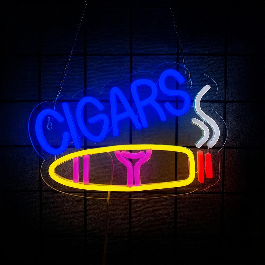 Blue and orange neon sign shaped like a cigar with smoke, spelling out CIGARS.