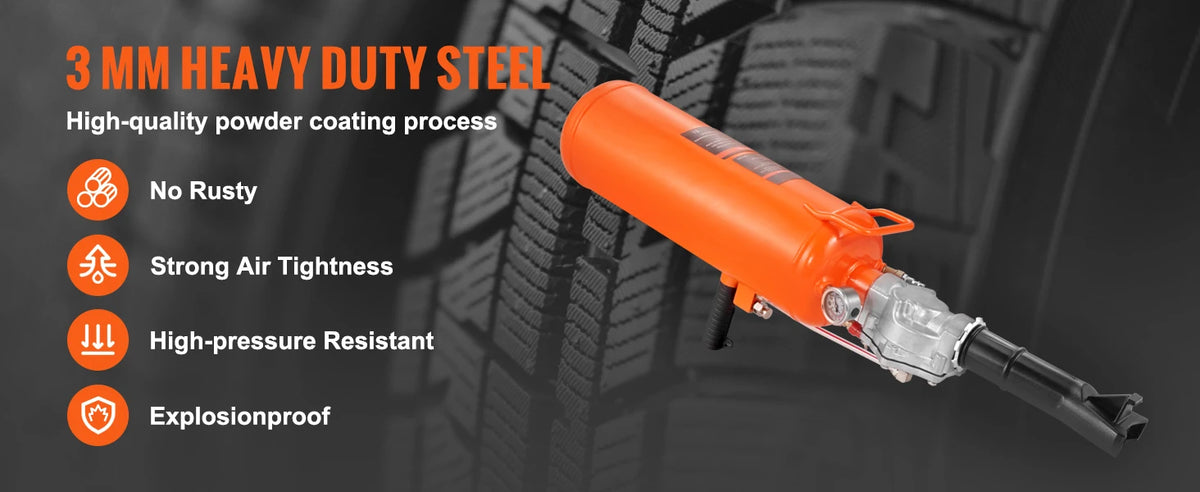 Orange handheld air blaster tool for tire bead seating with 3 mm heavy duty steel construction