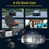 A 4-channel dash cam system showing multiple camera angles recording a car and interior views.