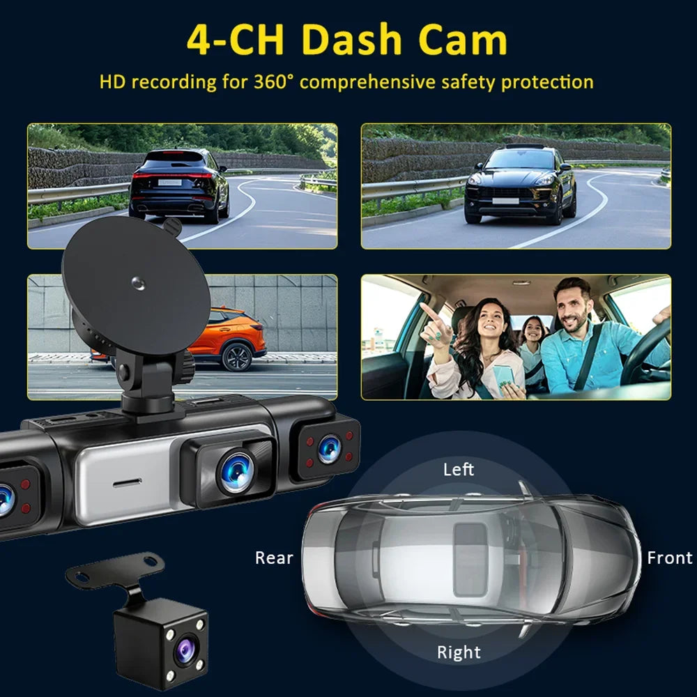 A 4-channel dash cam system showing multiple camera angles recording a car and interior views.