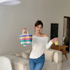Hand-Woven PVC Tote Bag with Striped Patchwork Design