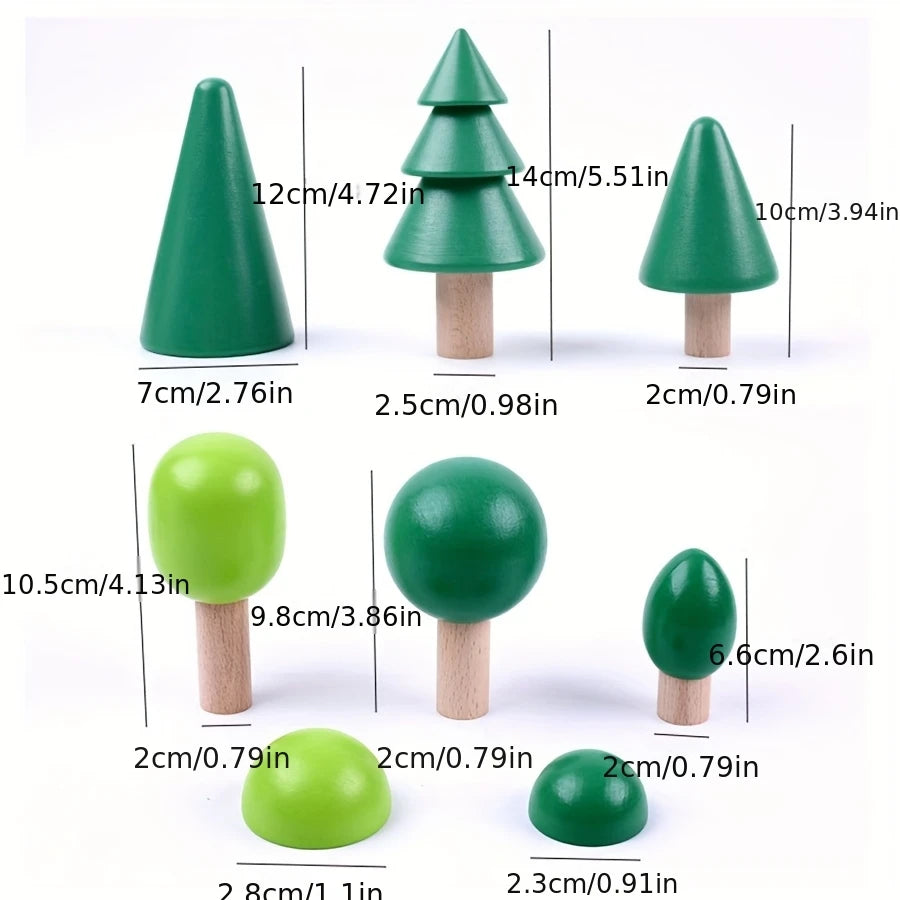 A set of wooden rainbow stacking blocks in various sizes and shades of green and lime.