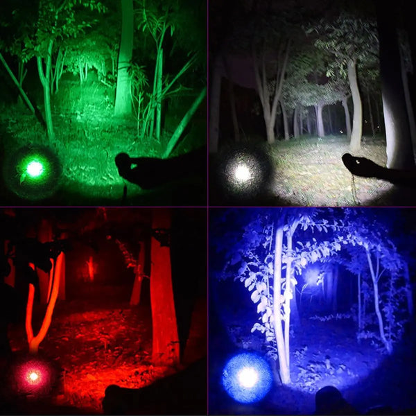 Four panels showing a color-changing LED flashlight illuminating a dark forest or outdoor setting.