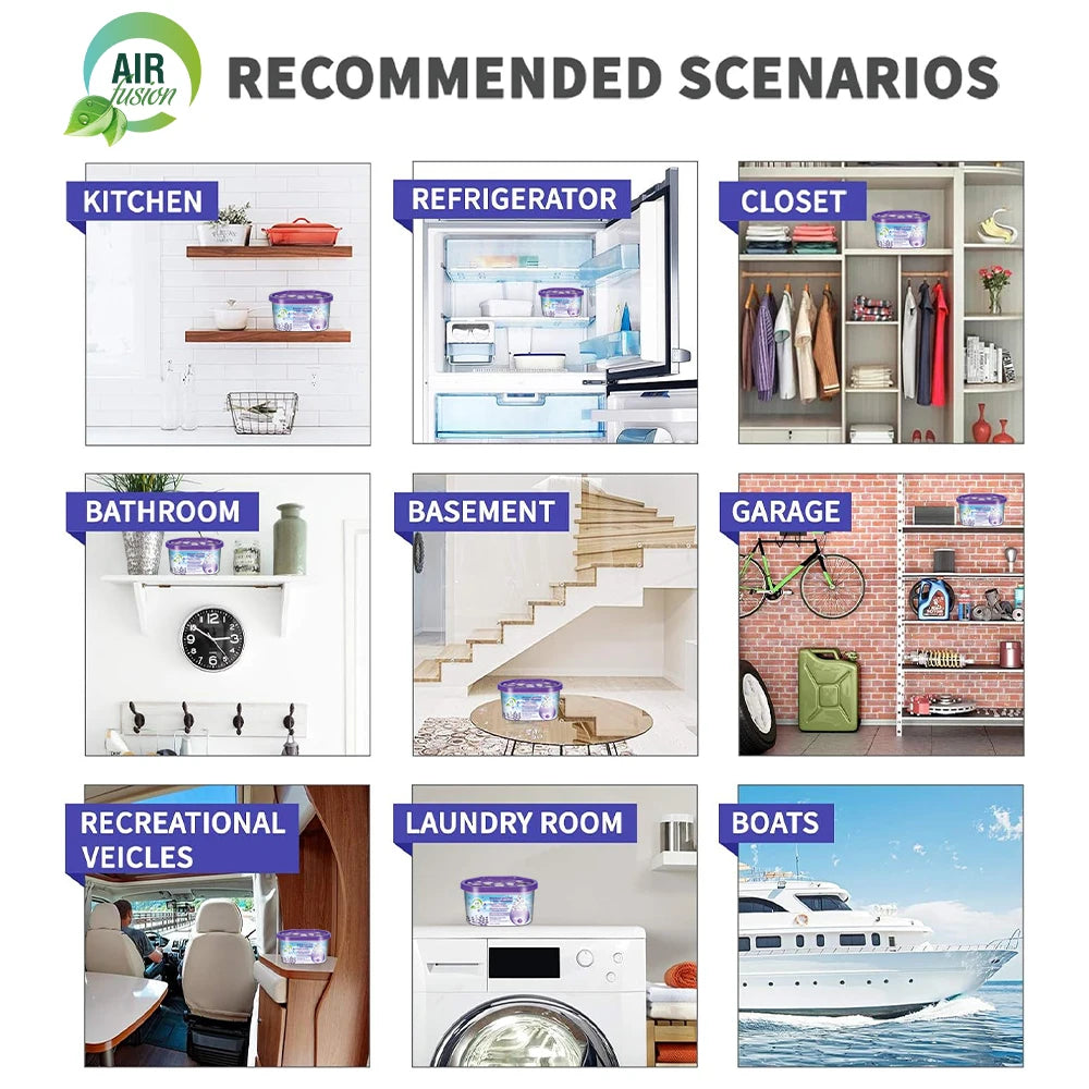 Recommended scenarios showing reusable moisture absorber boxes in kitchens, refrigerators, closets, bathrooms, basements, gar