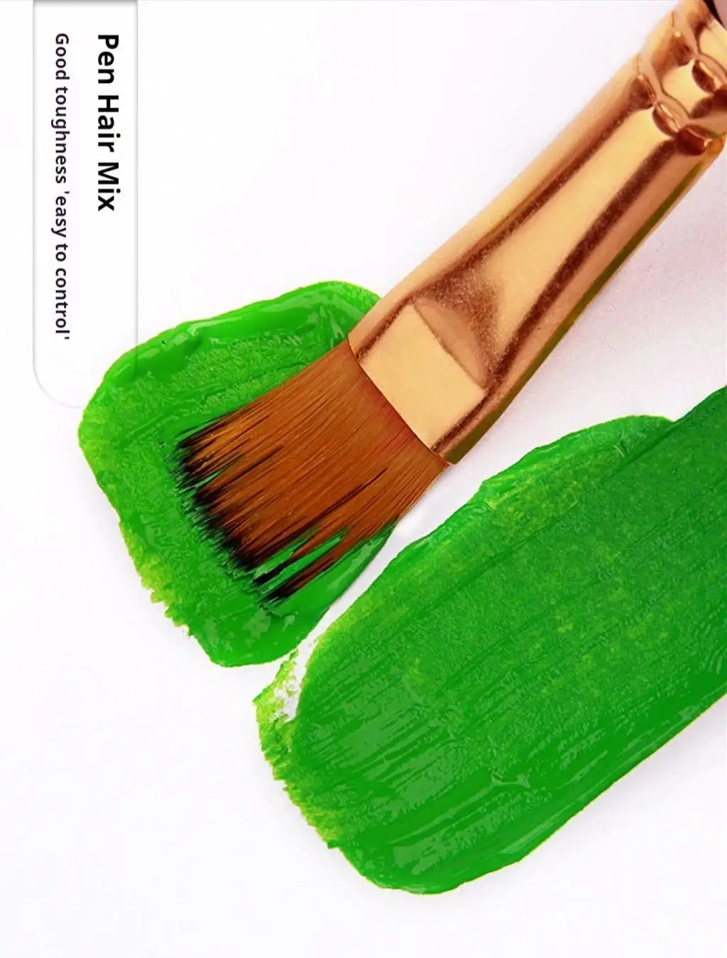 A gold-handled flat brush with green paint is shown on a white background.