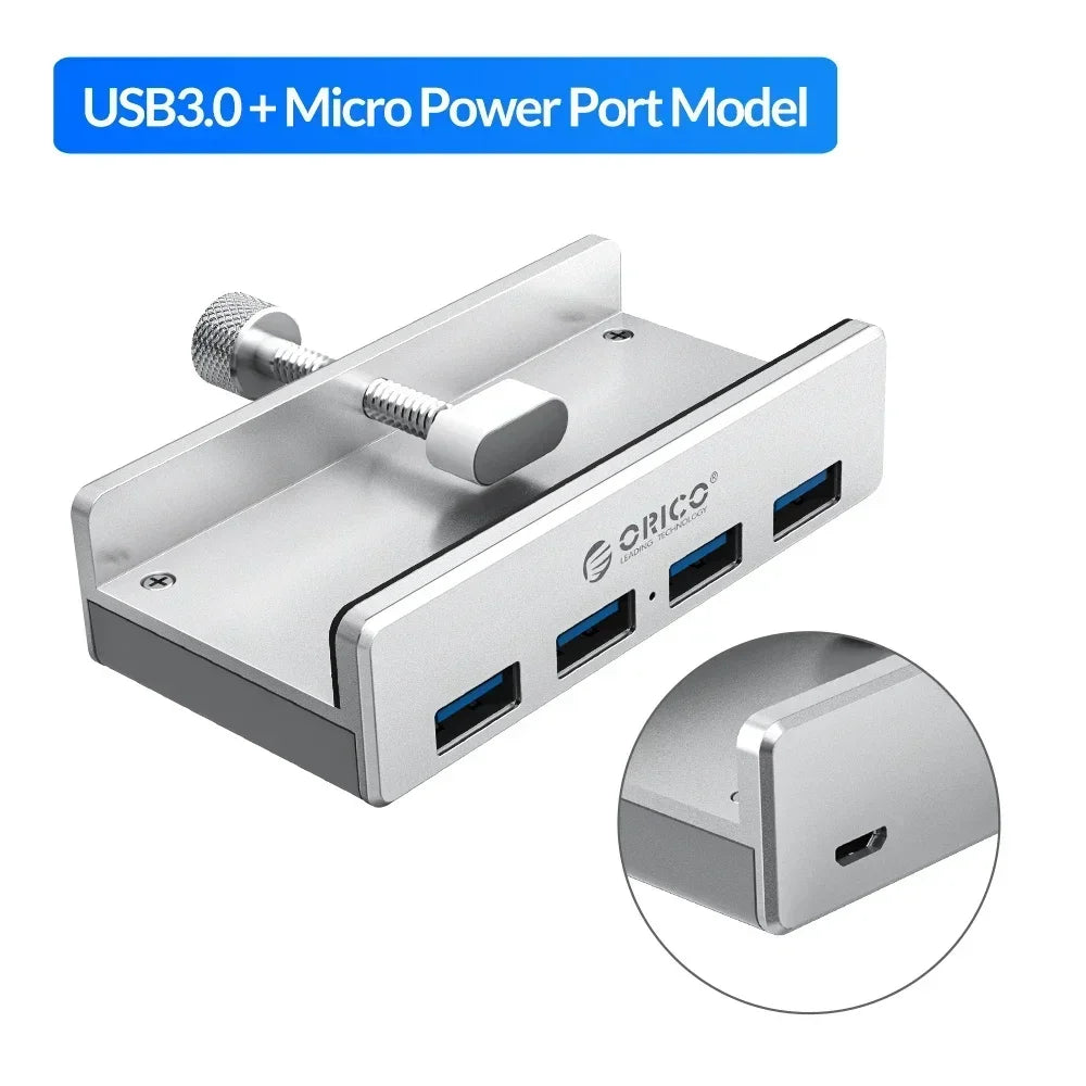 Aluminum USB 3.0 Hub with Clamp Mount for Desktops and Laptops