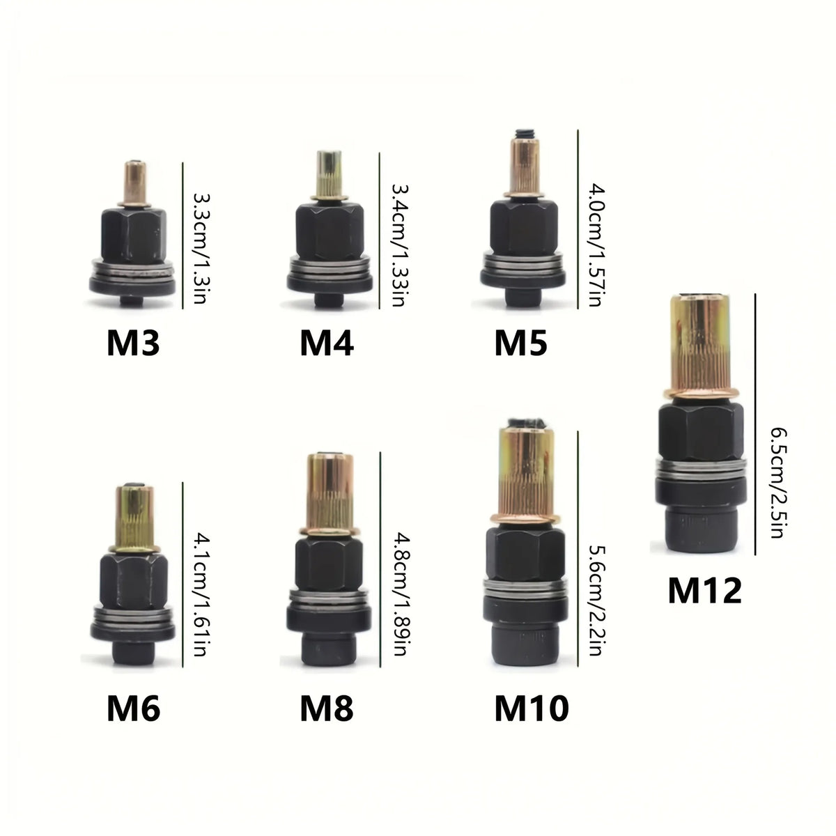 A set of seven rivnut insert tools with mandrels ranging from M3 to M12, shown individually.