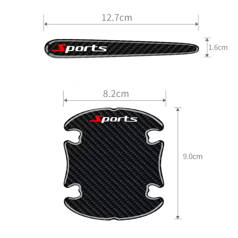 A black carbon fiber sports door handle protector with dimensions 12.7cm long and 1.6cm wide.