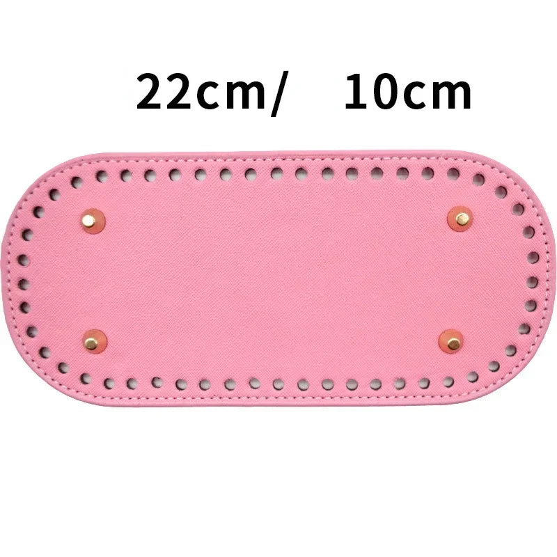 Pink oval PU leather bag bottom for DIY crochet and knitted bags, measuring 22cm by 10cm.