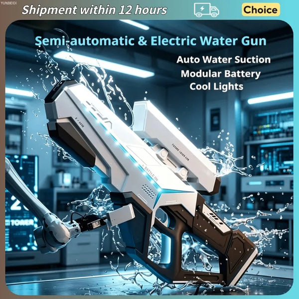 Pistola de agua eléctrica semiautomática blanca y negra rociando agua en un entorno moderno y bien iluminado.