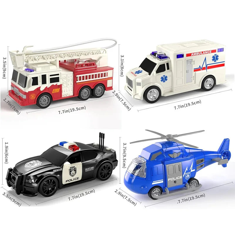 Friction Powered Emergency Vehicle Toy Set with Lights and Sounds
