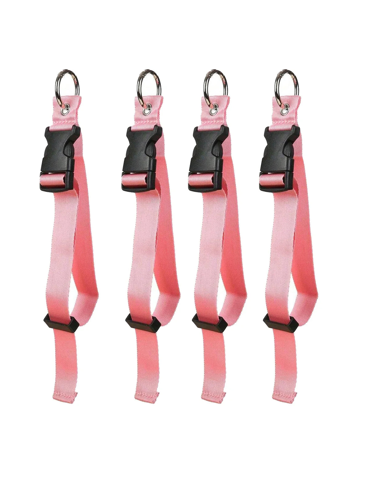 Four pink durable polyester luggage straps with black buckles and metal rings