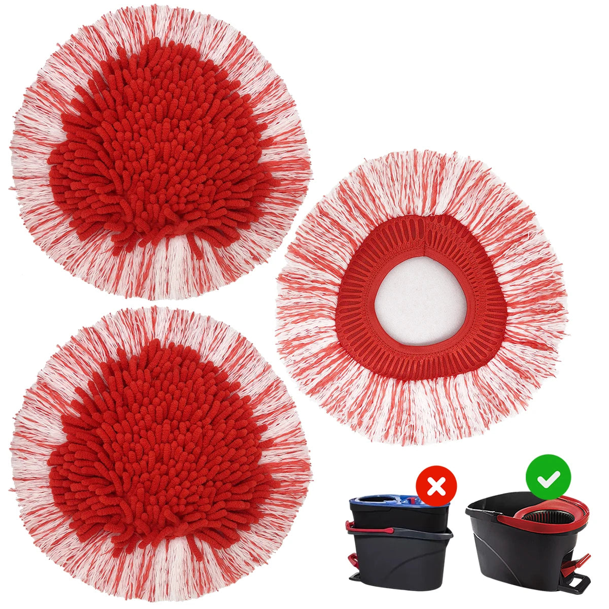 Drei Ersatzwischköpfe für eine O-Cedar EasyWring Spinmop in rot und weiß.