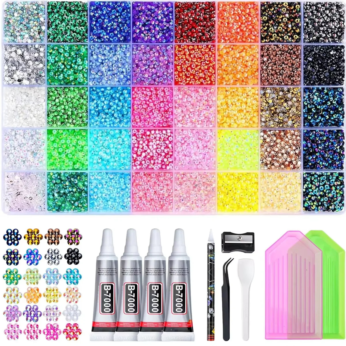 A collection of DIY resin rhinestone flatback gems in various colors and sizes.