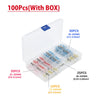 A clear plastic storage box containing various solder seal wire connectors categorized by piece count and AWG size.