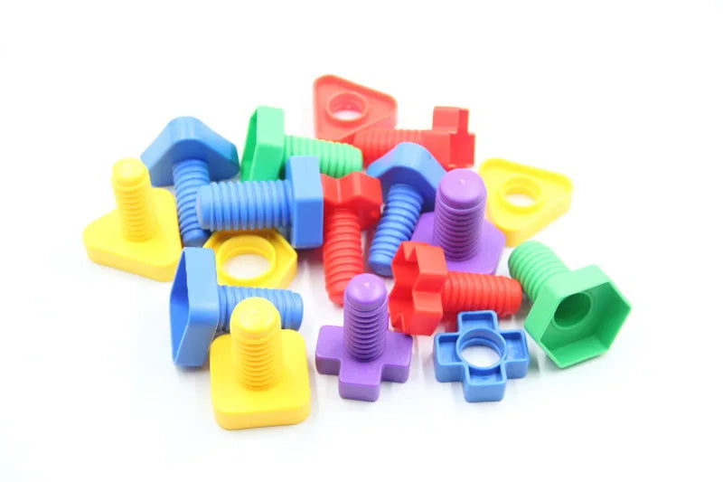 A collection of colorful screw and nut building blocks in various shapes and colors.