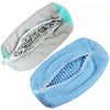 A light gray and blue shoe washing machine bag with a soft bristled cleaning brush set.