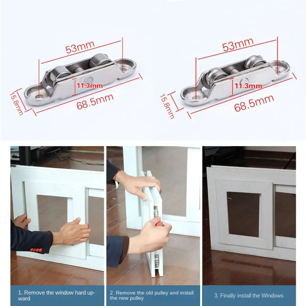 Stainless steel sliding door roller pulley assembly shown in installation steps.