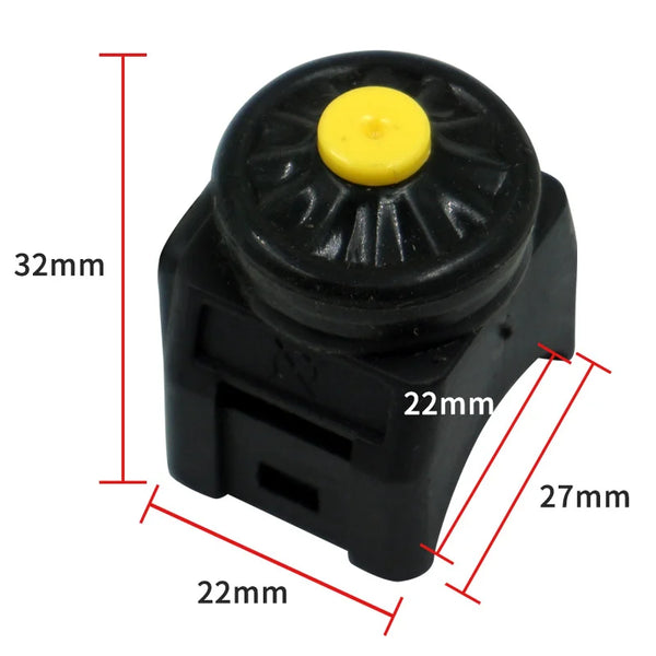Black universal motorcycle handlebar kill switch with a yellow push button and various dimension lines.