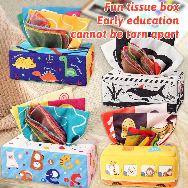 A colorful tissue box filled with crinkle scarves and various baby toys for early education.