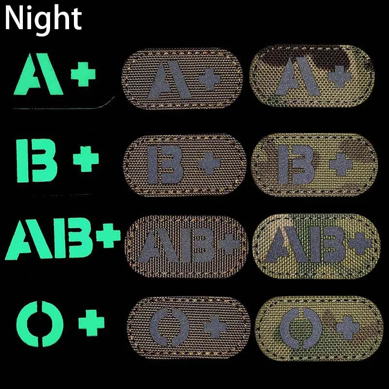 Reflective Glow-in-the-Dark Blood Type Tactical Patches with Hook and Loop Backing