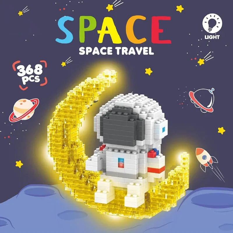 A set of luminous astronaut and moon building blocks for space travel featuring an LED light.