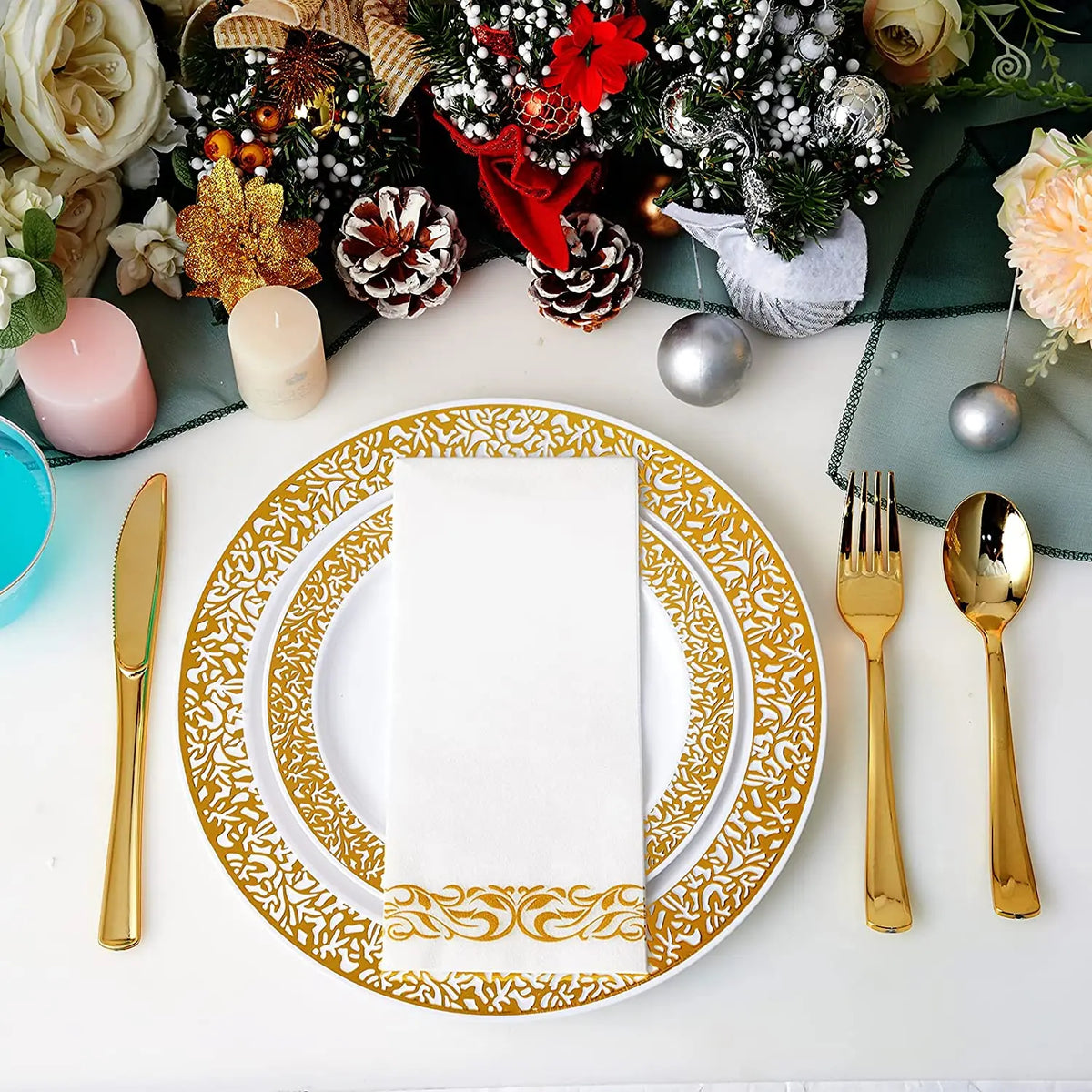 Elegant White Disposable Dinner Plates with Silver Lace Design