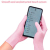 Pink nitrile gloves holding a smartphone with a smooth and unobstructed touch screen