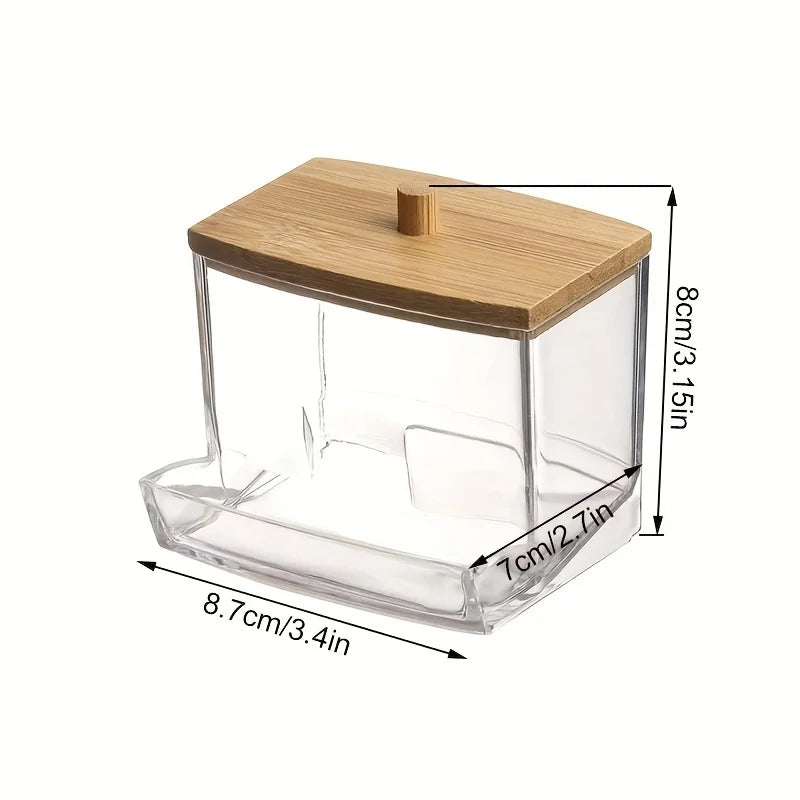 Clear plastic storage dispenser for cotton swabs and pads with a wooden lid