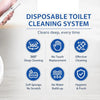Disposable toilet cleaning system showing a white brush and purple and yellow foam holders for deep cleaning