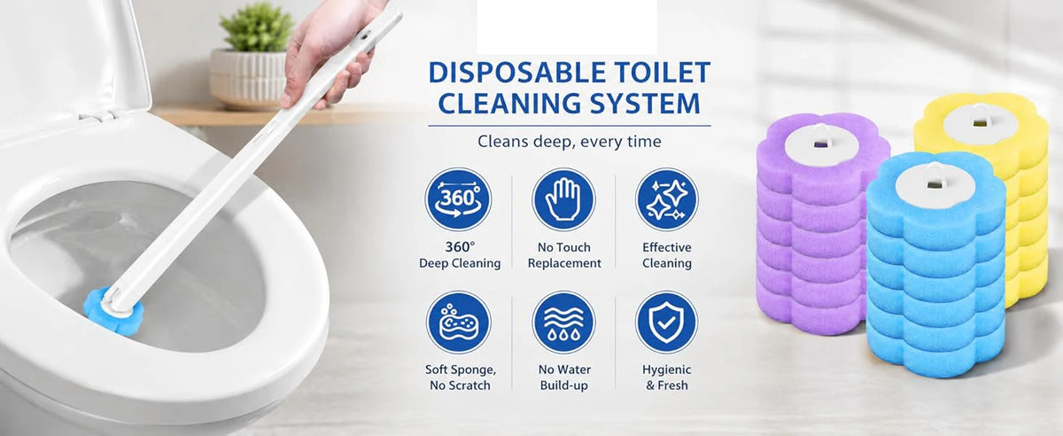 Disposable toilet cleaning system showing a white brush and purple and yellow foam holders for deep cleaning