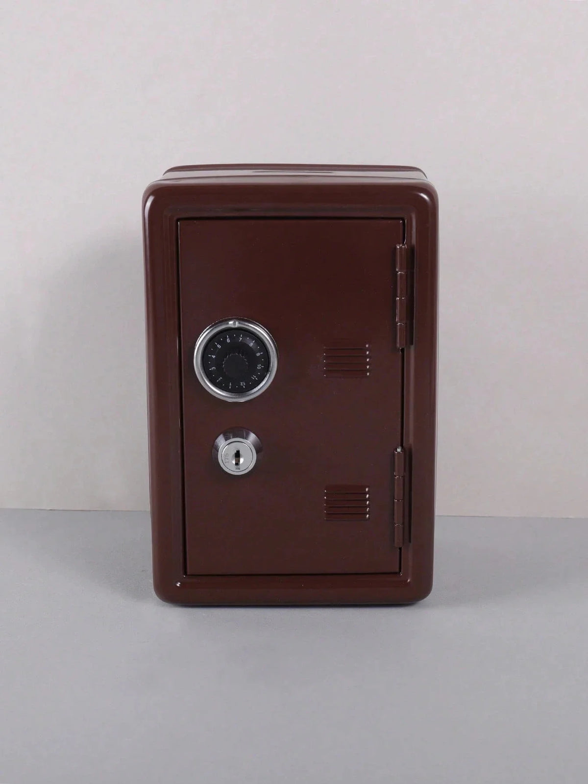 A brown compact desktop safe with a circular combination lock and a small keyhole.