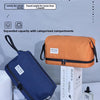 An orange toiletry bag is shown next to a dark blue travel bag, highlighting expanded capacity and categorized compartments f