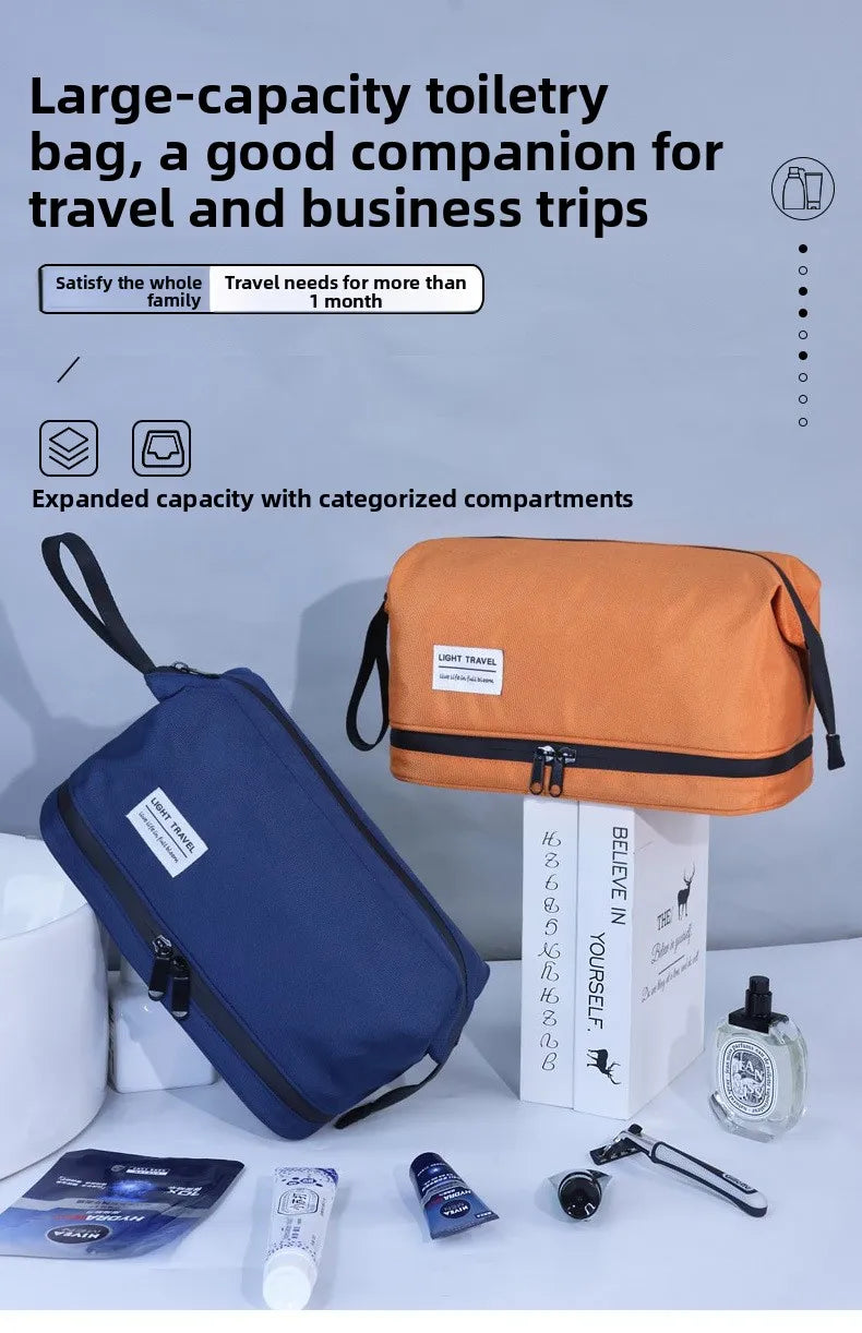 An orange toiletry bag is shown next to a dark blue travel bag, highlighting expanded capacity and categorized compartments f