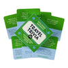 A deck of fifty travel trivia cards in green and light blue colors stacked on a white background.