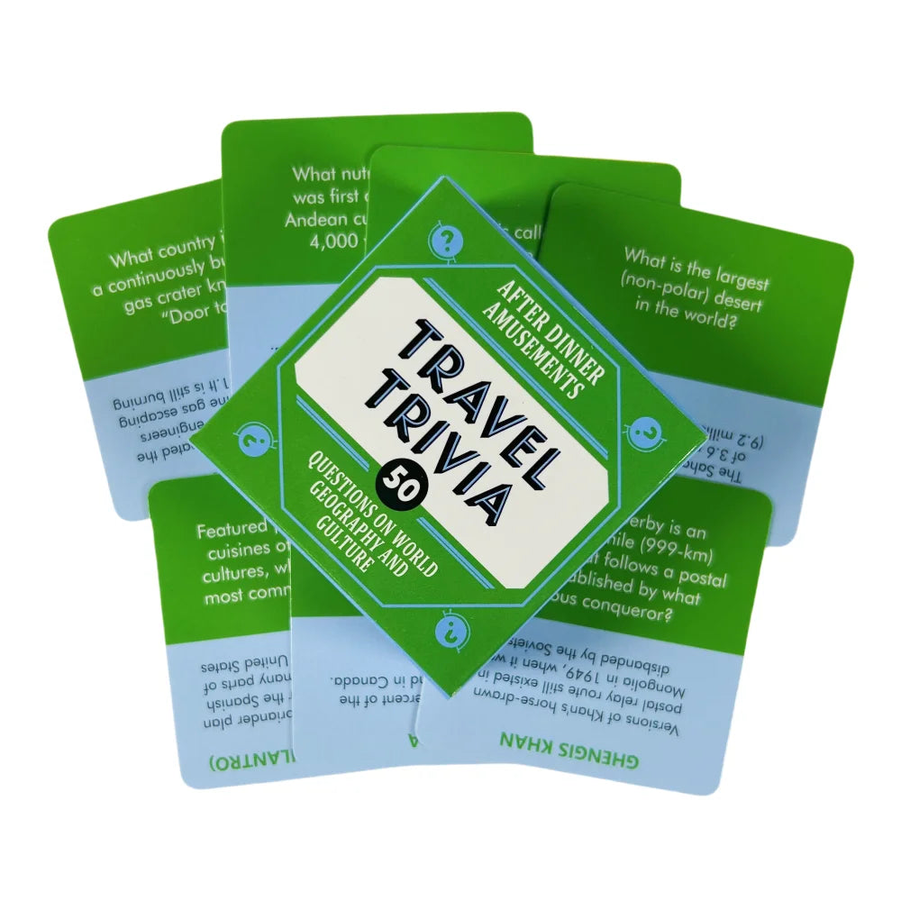 A deck of fifty travel trivia cards in green and light blue colors stacked on a white background.