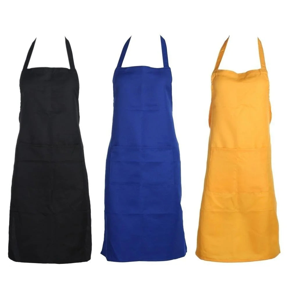 Three adjustable waterproof aprons in black, blue, and yellow.