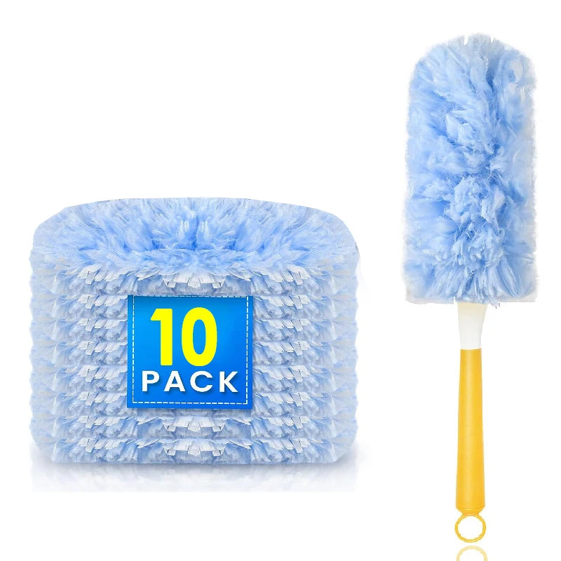 A pack of blue fluffy electrostatic dusters with yellow handles.