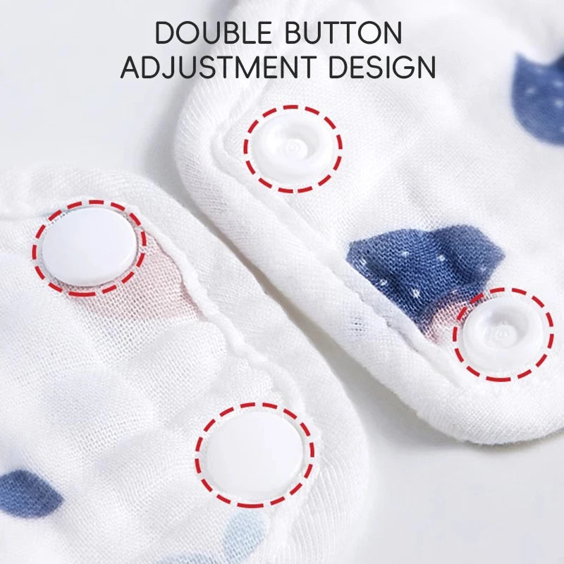 Close-up of white muslin bandana bibs with double button adjustment designs and blue floral patterns