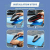 Four steps showing the installation of a chrome-style car antenna cover trim on a blue vehicle.