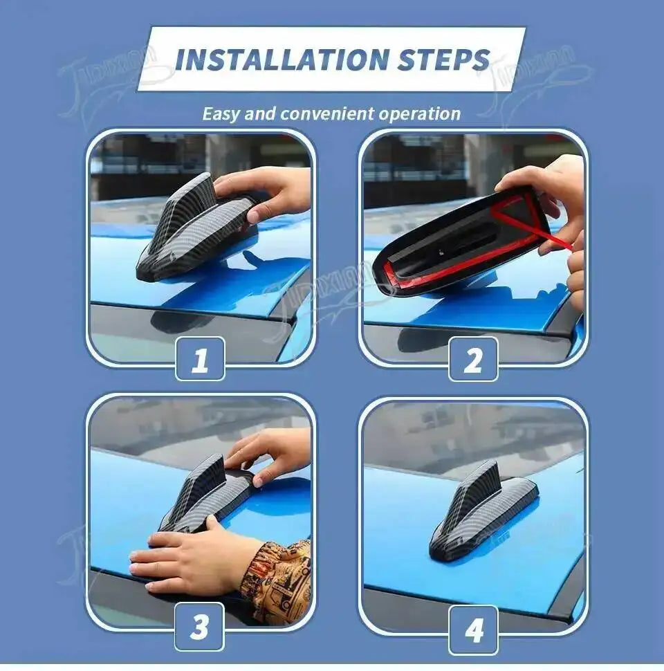 Four steps showing the installation of a chrome-style car antenna cover trim on a blue vehicle.