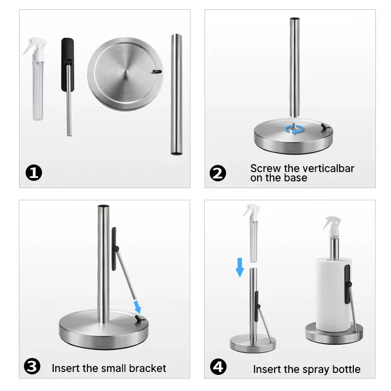 Instructions showing how to assemble a stainless steel paper towel holder with a built-in spray bottle.
