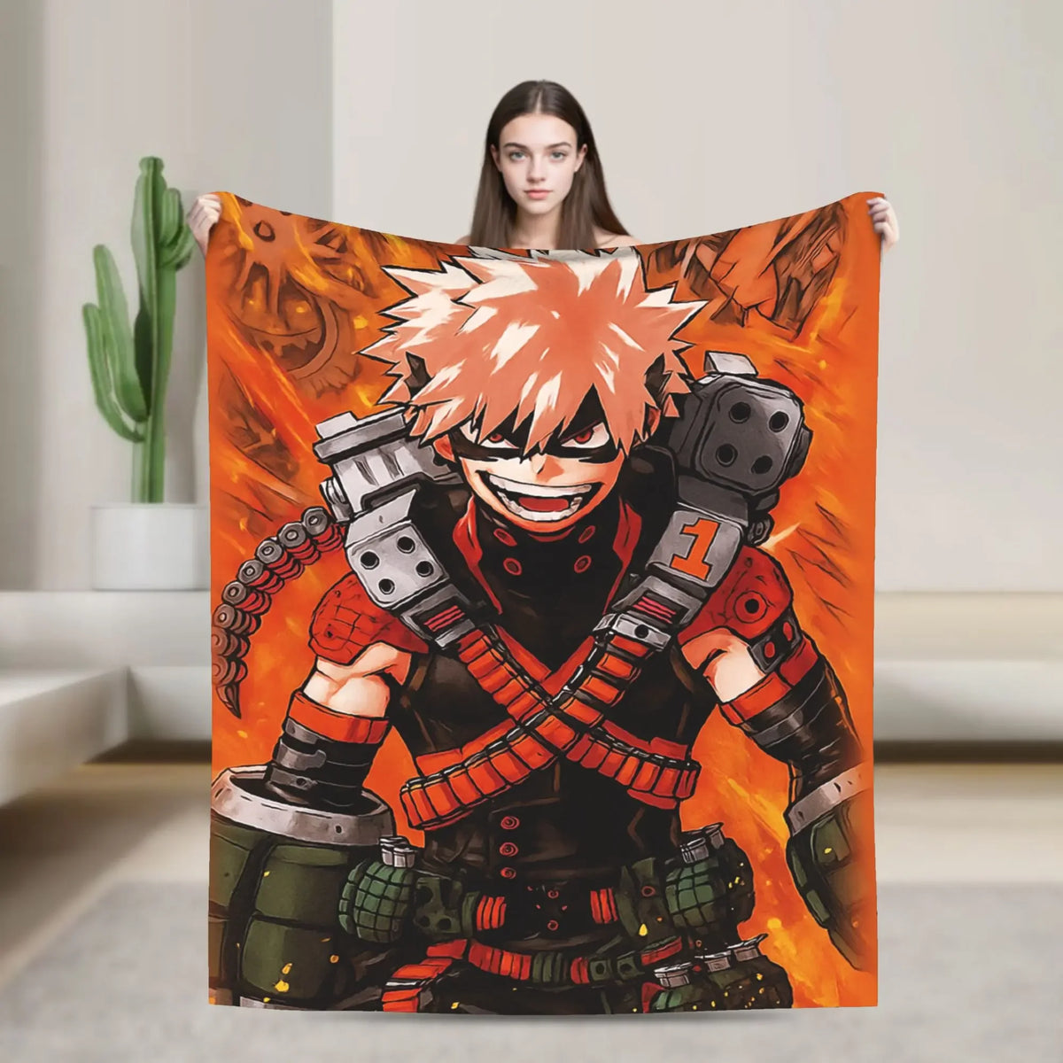 A throw blanket featuring an illustration of Naruto Uzumaki in his Hokage attire.